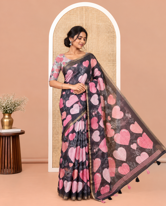 Borderless Black Heart Motifs Printed Linen-Cotton Saree, Self-Printed Pallu, and Matching Blouse