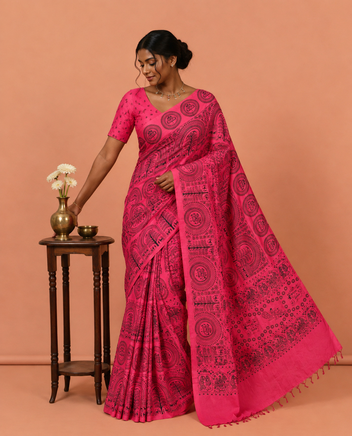 Borderless Pink Warli Printed South Cotton Saree, Printed Pallu and a Matching Blouse