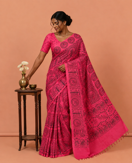 Borderless Pink Warli Printed South Cotton Saree, Printed Pallu and a Matching Blouse
