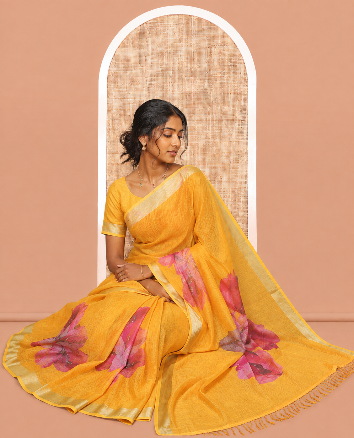 Yellow Linen Cotton Saree, Prettified with a Floral Print, a Subtle Zari Border, and a Matching Blouse