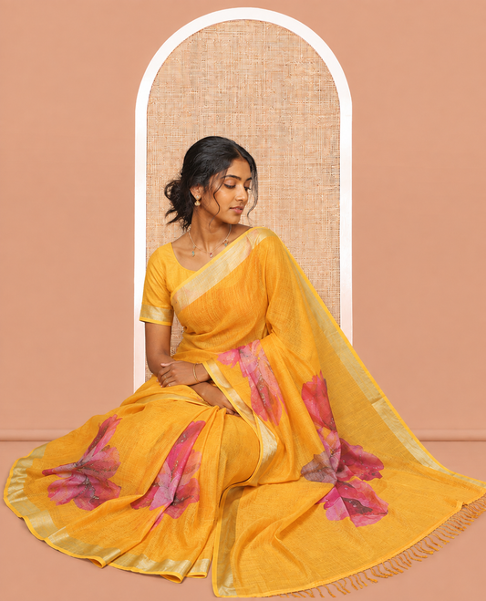 Yellow Linen Cotton Saree, Prettified with a Floral Print, a Subtle Zari Border, and a Matching Blouse