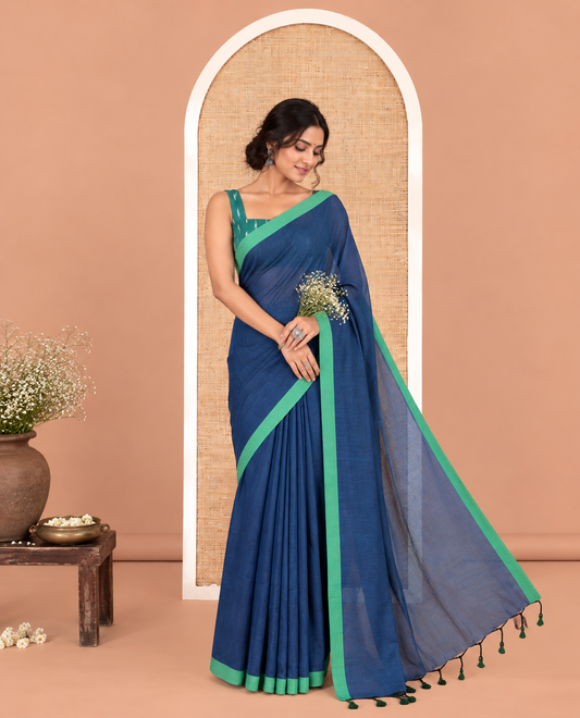 Royal Blue Plain Khadi Cotton Saree, a Contrast Border, a Self-Pallu, and No Blouse