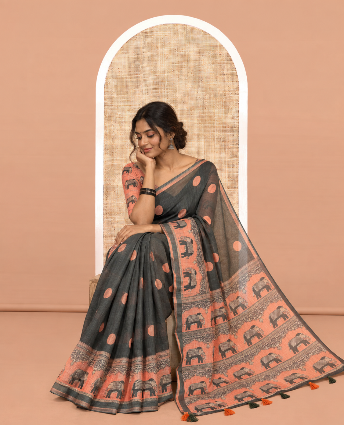 Green Linen Cotton Saree Features Polka Dots, a Contrast One-sided Elephant Motif Border, Elephant Motif Pallu, Contrast Blouse