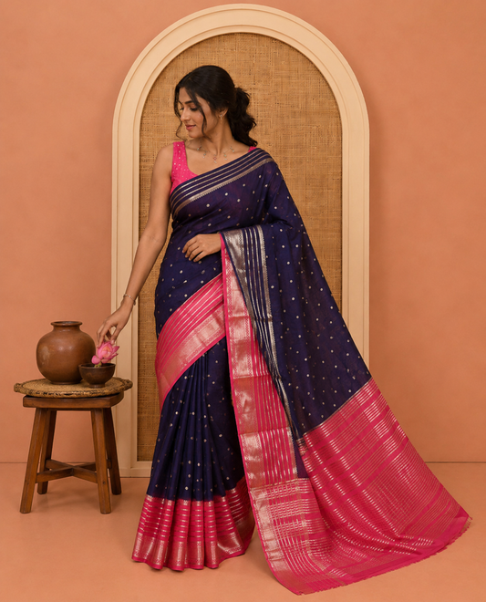 Navy Blue Art Crepe Saree Features Zari Buttas, Complemented by Contrast Traditional Zari Border, Zari Striped Pallu, and a Contrast Blouse