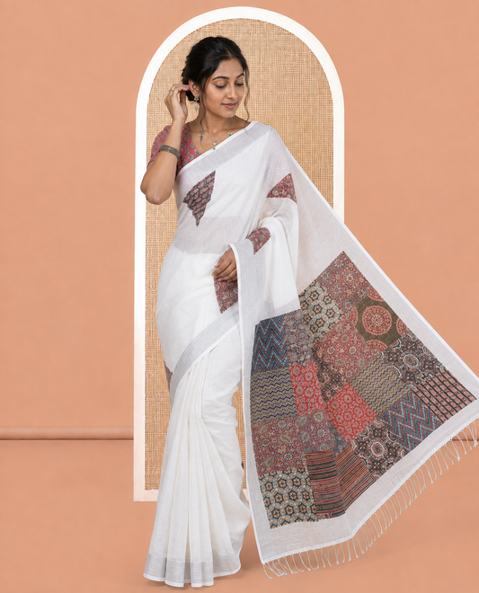 Cream Linen Cotton Saree, Elevated with Triangle Print, a Subtle Zari Border, Ajrakh Patch Printed Pallu, and a Contrast Blouse