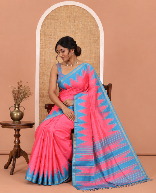 Pink Katan Silk Saree Features Buttas, Complemented by Contrast Temple Zari Border, Striped Pallu, and a Contrast Blouse