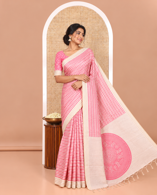 Pink Semi-Tussar Saree Featuring Horizontal Stripe Prints, Accentuated by a Subtle Resham Thread Temple-Designed Border, with a Pallu Highlighted by Intricate Circular Motifs, Paired with a Contrast Bandhani Blouse