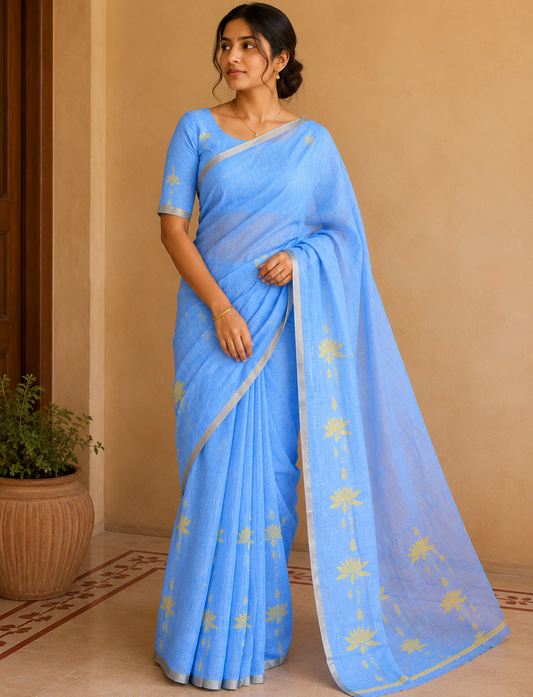 Borderless Blue Linen Cotton Saree Features Lotus Print, a Self-Pallu, and a Matching Blouse