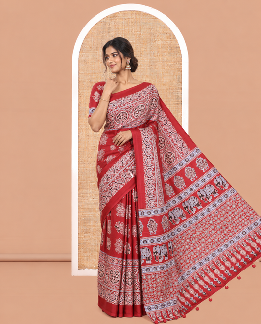 Maroon Satin Crepe Saree, Adorned with Ajrakh and Elephant Print, Intricately Printed Border, a Matching Blouse