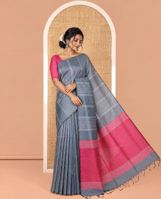 Borderless Grey Semi-Raw Silk Saree, Decorated with Sequined Stripes, a Contrast Zari Striped Pallu, and Contrast Blouse