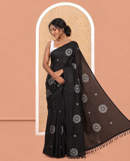Borderless Black Vichitra Silk Saree, Enriched with Circle Buttas, a Self-Pallu, and No Blouse