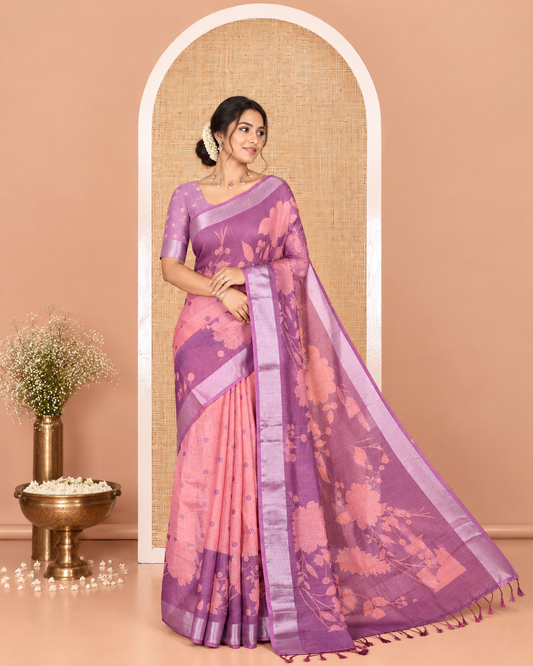 Pale Pink Linen Cotton Saree, Beautified with Silhouette-Style Floral Vine Printed on Its Body, Subtly Zari Bavanji Border, Pallu of Same Floral Print, and Paired with a Matching Blouse