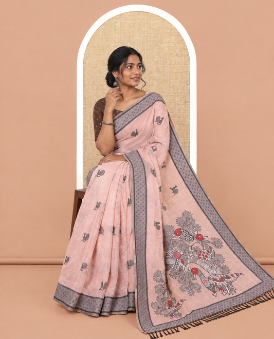 Onion Pink Chanderi Cotton Saree, Woven with Peacock Thread Buttas, a Thread Diamond-Patterned Border, a Peacock Pallu, a Contrast Blouse