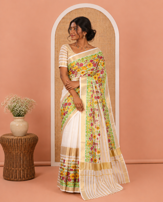Cream Plain Kerala Cotton Saree, Highlighted by a Self-Border of Zari Stripes and Floral Print, a Matching Blouse
