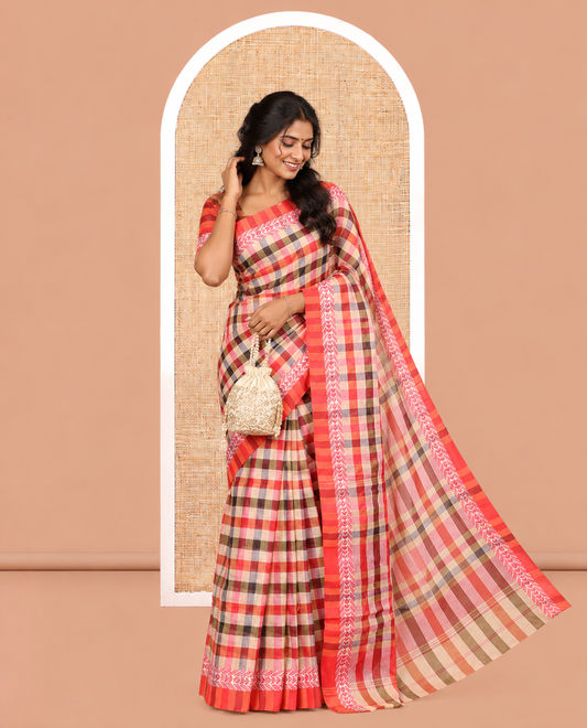 Red-Chikku Bengal Cotton Saree