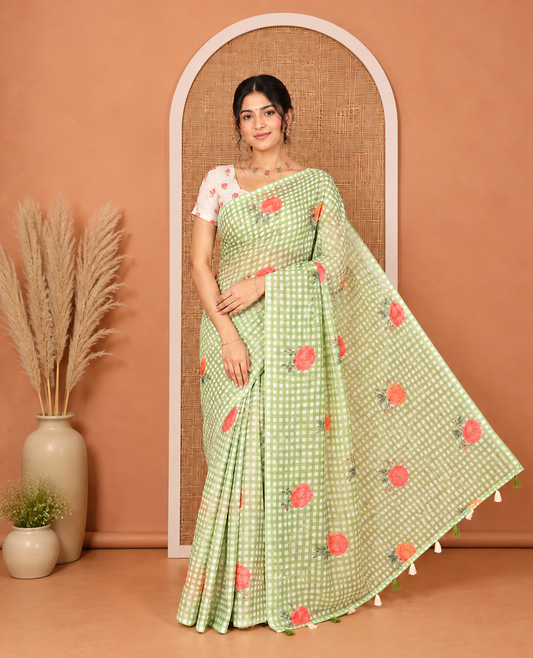 Borderless Green Linen Cotton Saree, Adorned with Checked Design and Rose Motifs on Its Body, a Self-Pallu, and Paired with a Contrast Blouse