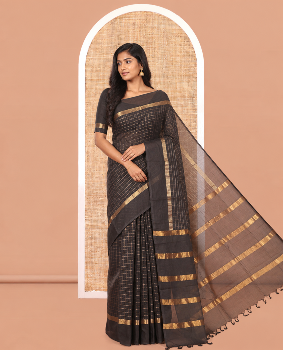 Black Chettinad Cotton Saree, Detailed with Checks, a Kaal Eragina Border, Striped Pallu, a Matching Blouse