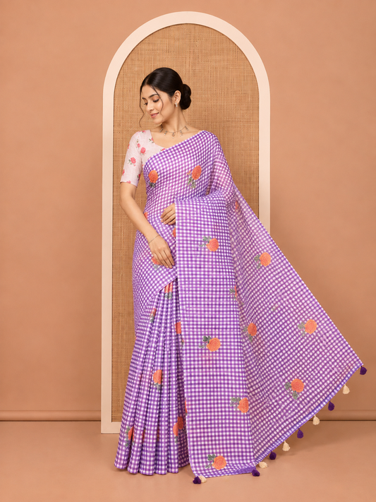 Borderless Violet Linen Cotton Saree, Adorned with Checked Design and Rose Motifs on Its Body, a Self-Pallu, and Paired with a Contrast Blouse