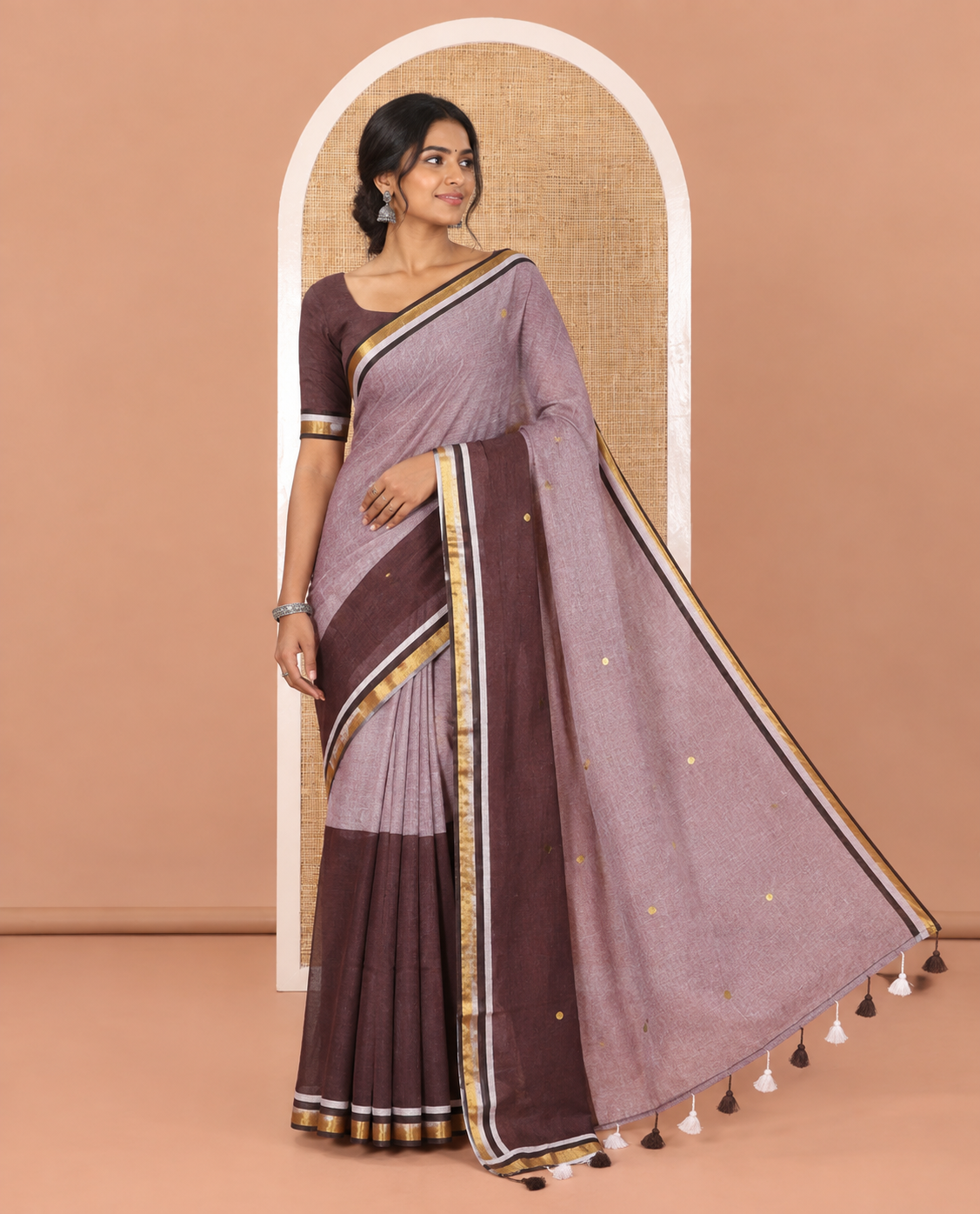 Light Brown and Dark Brown Khadi Mul Cotton Saree, Mesmerized with Double-Color Half-And-Half-Style Jamki Work, Complemented by Contrast Zari Border, and Paired with a Matching Blouse