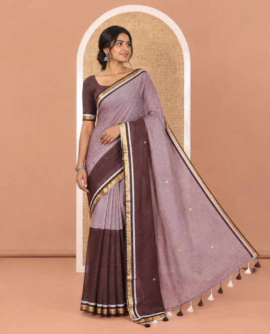 Light Brown and Dark Brown Khadi Mul Cotton Saree, Mesmerized with Double-Color Half-And-Half-Style Jamki Work, Complemented by Contrast Zari Border, and Paired with a Matching Blouse