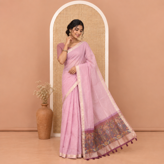 Lavender Plain Jamdani Cotton Saree, Highlighted by a Golden Zari Border, Pallu of Kashmiri-Style Weaving, and Paired with a Contrast Striped Blouse