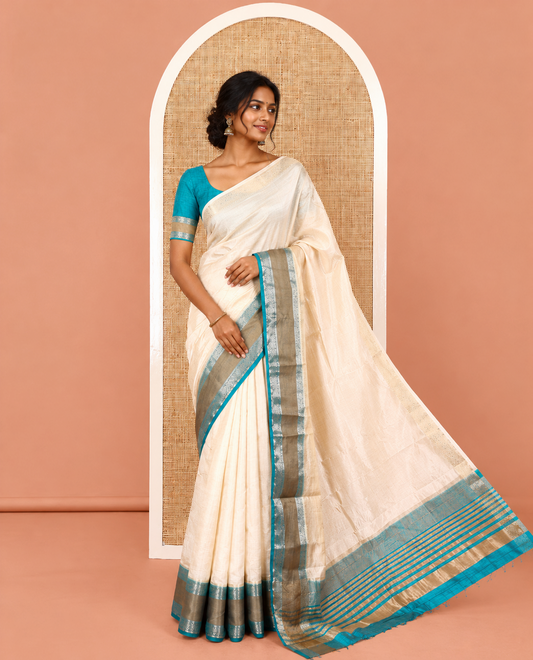 Cream-Rama Art Tussar Saree, Contrast Rettai Pettu Traditional Border, Zari-Striped Pallu, and a Contrast Blouse