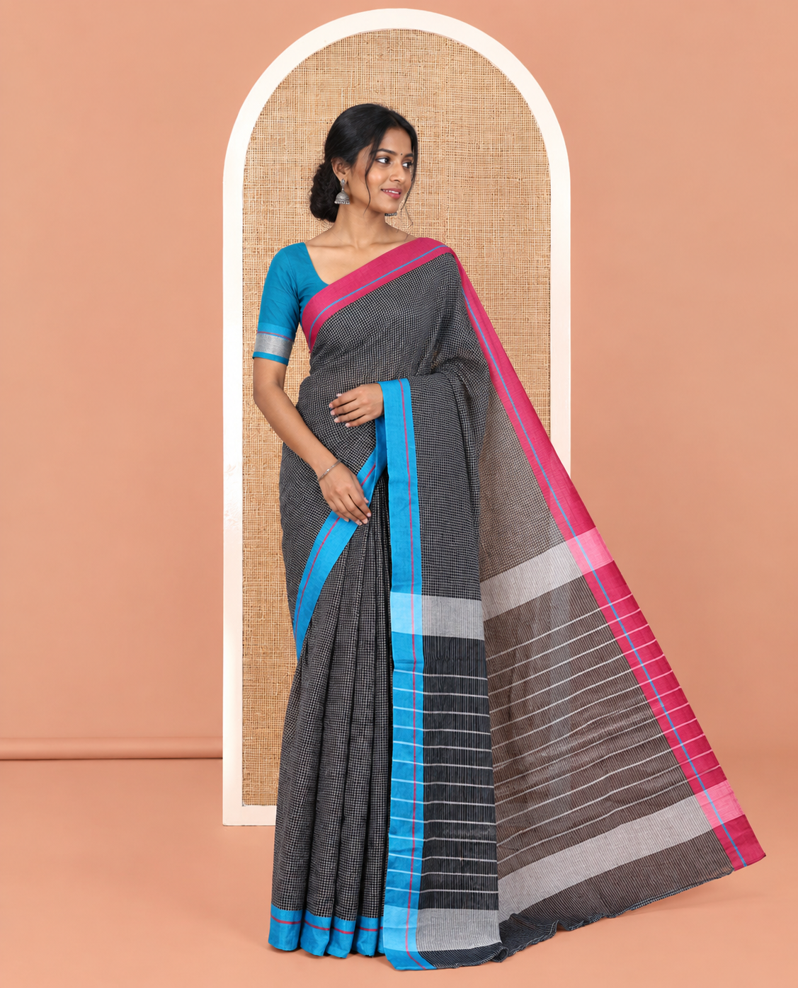 Black-Pink-Blue Chettinad Cotton Saree with Checks, Contrast Ganga-Jamuna Border, Striped Pallu, and No Blouse