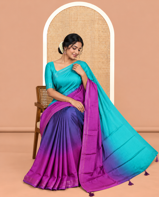 Peacock Green-Magenta Plain Ombre-Style Satin Crepe Saree