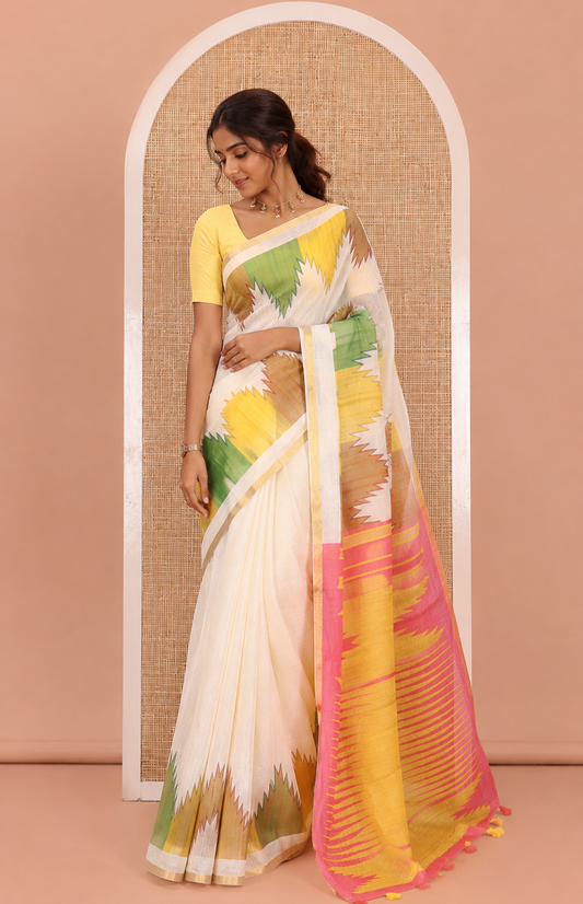 Cream Plain Linen Cotton Saree, Complemented by Multi-Colored Temple Border, Pallu Features Temple Designs, and Paired with a Contrast Blouse