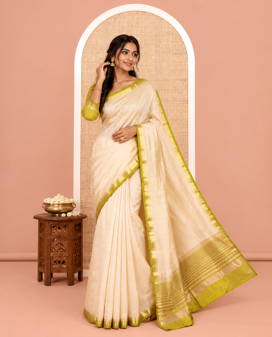 Cream-Mehendi Green Plain Art Tussar Saree