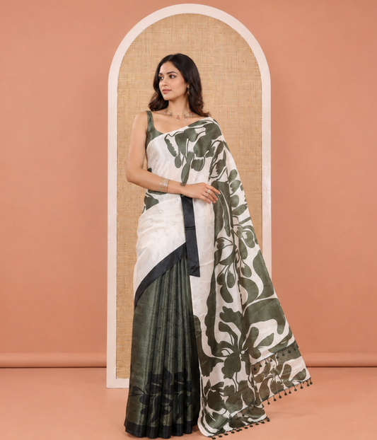 Cream and Green Art Khadi Cotton Saree, Adorned With Half-and-Half-style Floral Print On Its Body, Highlighted by Contrast Piping Border, Self-Pallu and Paired with a Contrast Blouse