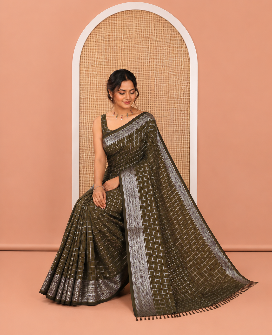 Olive Vichitra Saree, Embellished with Medium-Sized Checked Design on Its Body, Highlighted by a Traditional Design Border, Self-Pallu, and Comes Without a Blouse