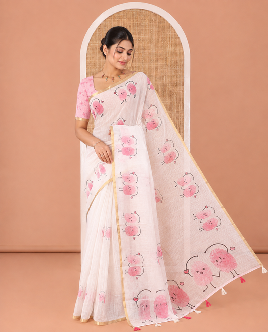 White Linen Cotton Saree, Creatively Printed with Thumb Finger Printed Cartoon-Theme Print on Its Body, a Subtle Piping Border, a Self-Printed Pallu, and Paired with a Matching Blouse