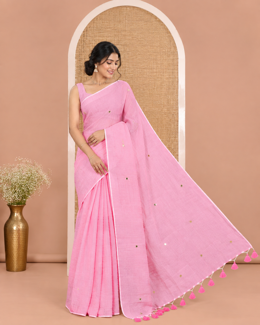 Borderless Pink Khadi Mul Cotton Saree, Adorned with Sequin Work on Its Body and Pallu, and Paired with a Matching Blouse
