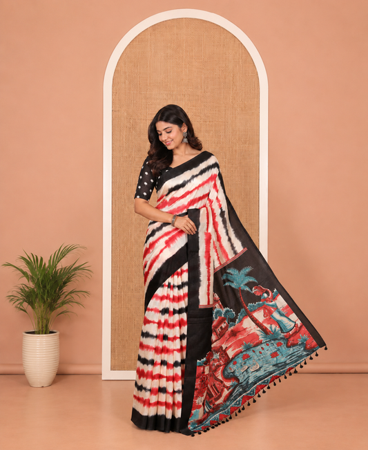 Cream and Black Khadi Cotton Saree, Elevated with Shibori Print On Its Body, Complemented by Contrast Plain Border, Plain Artfully Pictures Village-theme Scenery Print, and Paired with a Contrast Blouse