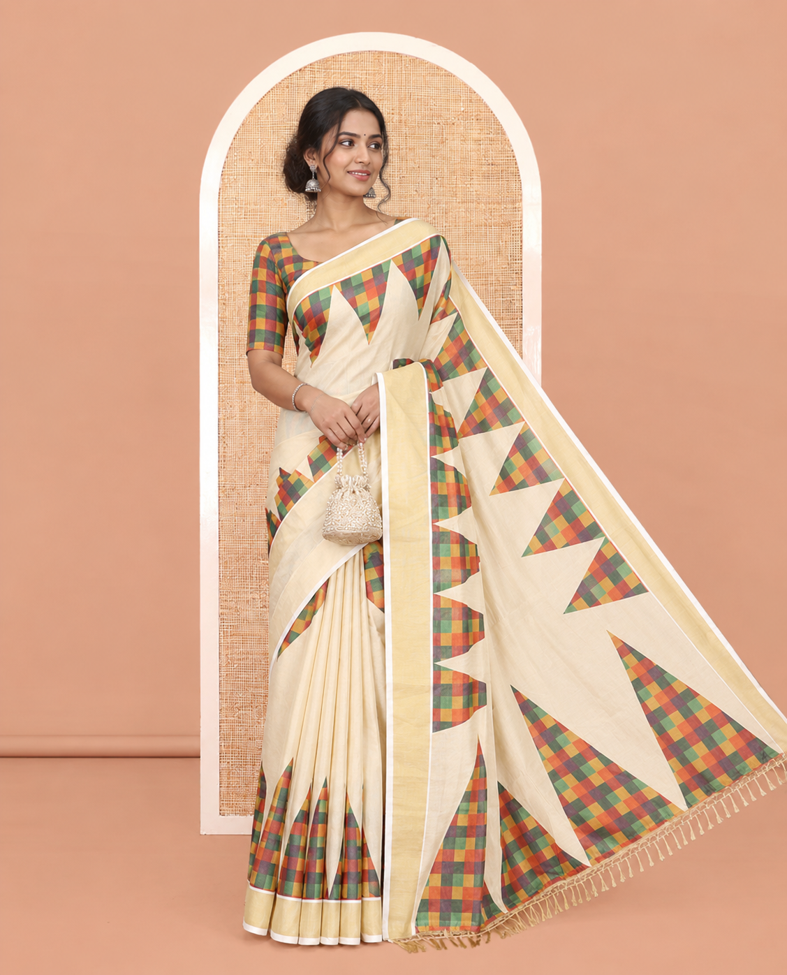 Gold Plain Tissue Saree, Complemented by a Contrast Temple Checked Border, and a Contrast Blouse