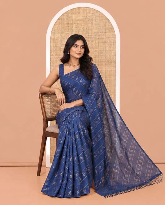 Borderless Navy Blue Vichitra Silk Saree, Gleamed Up with Floral Buttas and Leheriya-Style Foil Print on Its Body, a Self-Pallu, and Has No Blouse