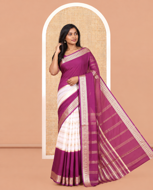Purple Zari Striped Art Mysore Crepe Saree, a Contrast Traditional Zari Big Border, a Grand Pallu, and a Contrast Blouse