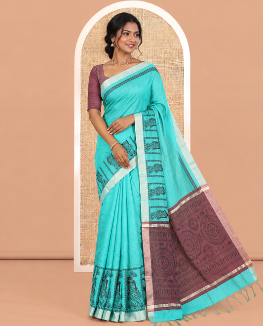 Sea Green Semi-Katan Silk Saree, Adorned with Human Figurine, Copper Zari Border, Contrast Warli Pallu, and a Contrast Blouse