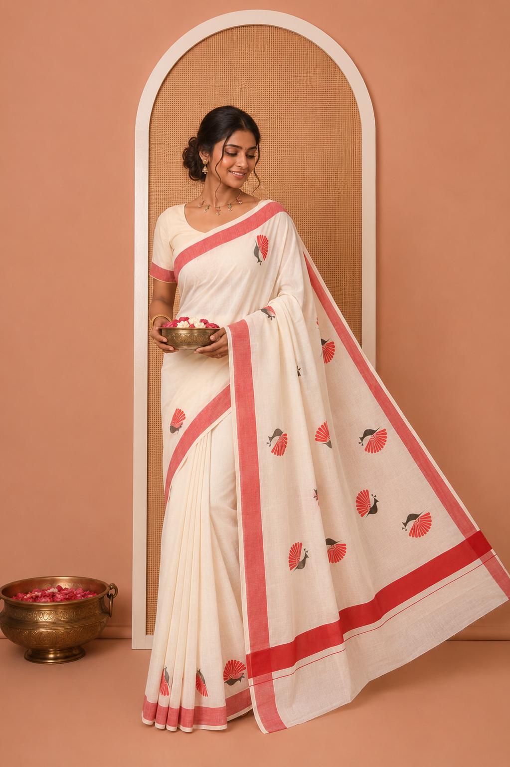 Cream Kerala Cotton Saree, Subtly Sparkled With Peacock Print, a Contrast Border, Pallu of Peacock Print and a Matching Blouse
