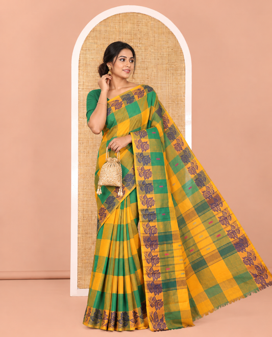 Orange-Green Checked Chettinad Cotton Saree, Subtly Sparkled with Buttas, a Rose Thread Border, Striped Pallu, and No Blouse