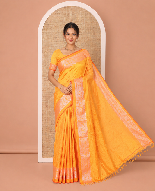 Yellow Plain Vichitra Silk Saree, Subtle Traditional Motifs Woven Border, Plain Pallu, and Paired with a Matching Blouse