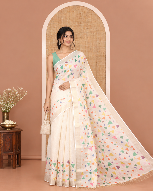 Gold Tissue Saree, Highlighted with Colorful Triangle Motifs Printed on Its Body, Highlighted by a Zari Border, Pallu Steeped with Triangle Motifs Print, and Paired with a Contrast Blouse