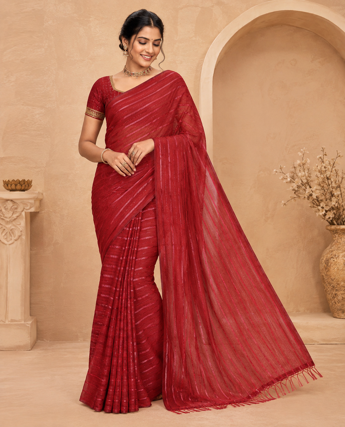 Borderless Red Vichitra Silk Saree, Bedecked with Horizontal Stripes and Sequin Stripes, Paired with a Matching Blouse
