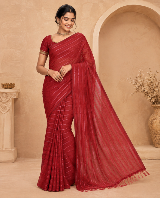 Borderless Red Vichitra Silk Saree, Bedecked with Horizontal Stripes and Sequin Stripes, Paired with a Matching Blouse