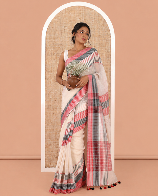 Cream Plain Khadi Mul Cotton Saree, Contrast Horizontal Striped Border, Striped Pallu, and No Blouse