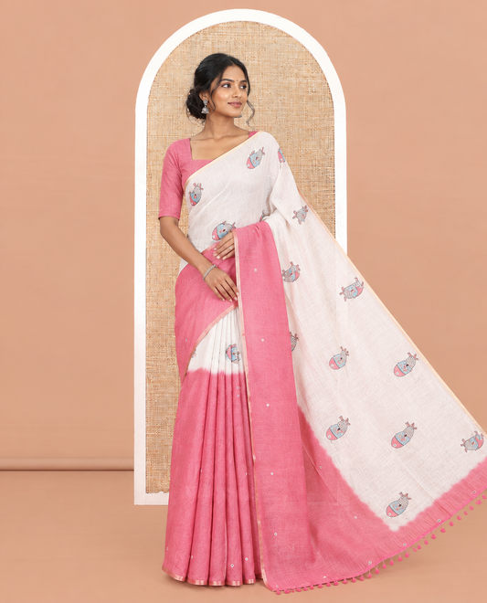 Cream-Pink Linen Cotton Saree Features Fish Butta and Mirror Work, a Piping Border, a Self-Pallu, a Contrast Blouse