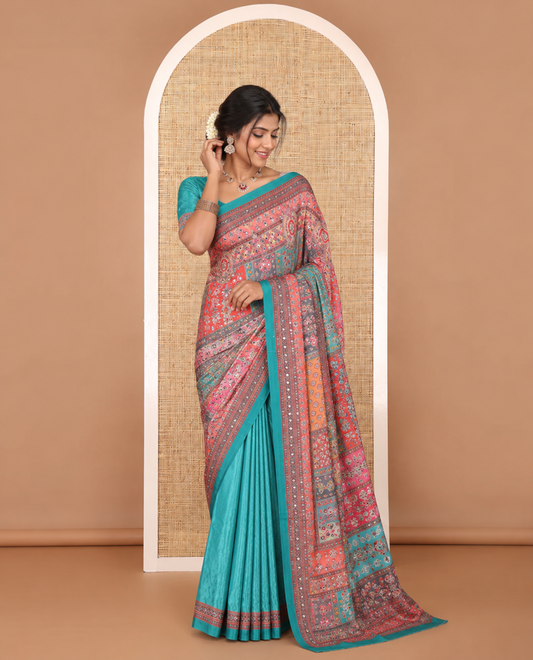 Multi-color geometric design masakali saree with printed, mirror work border & printed, mirror work pallu along with plain blouse