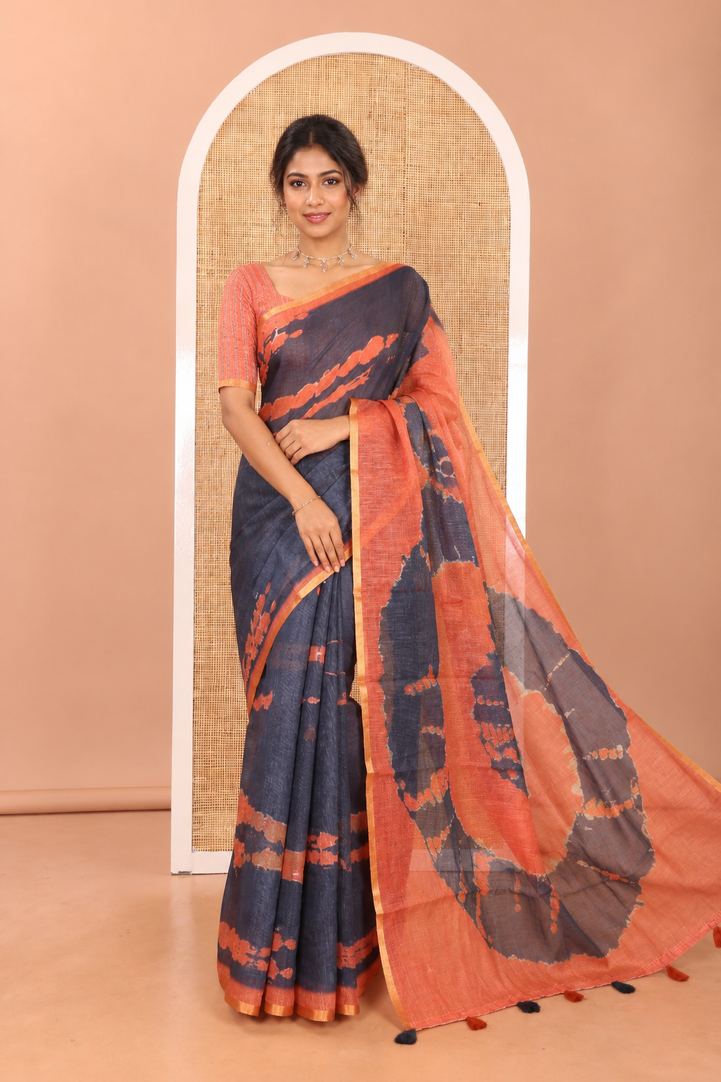 Grey Linen Cotton Saree, Subtly Sparkled with Shibori Print, Complemented by a Contrast Border, Shibori Pallu, and a Contrast Blouse