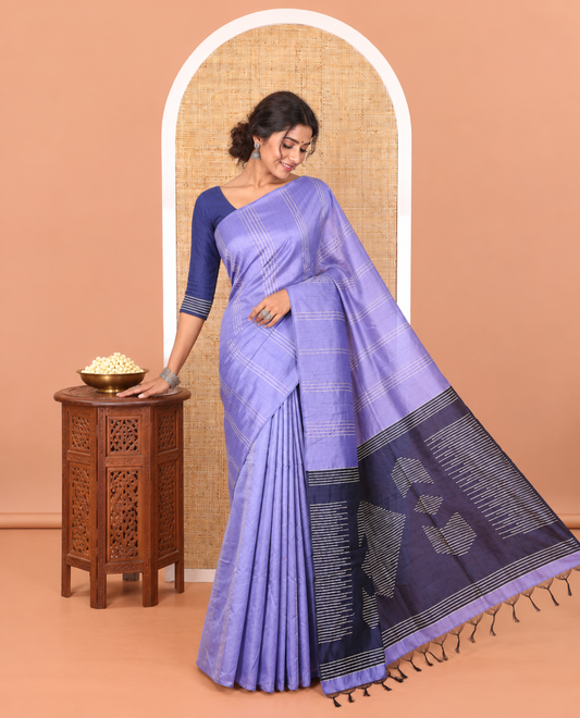Borderless Lavender Semi-Raw Silk Saree Featuring Elegant Vertical Sequin Stripes Running Across the Body, Complemented by a Contrast Thread-Work Pallu and Paired with a Contrast Blouse
